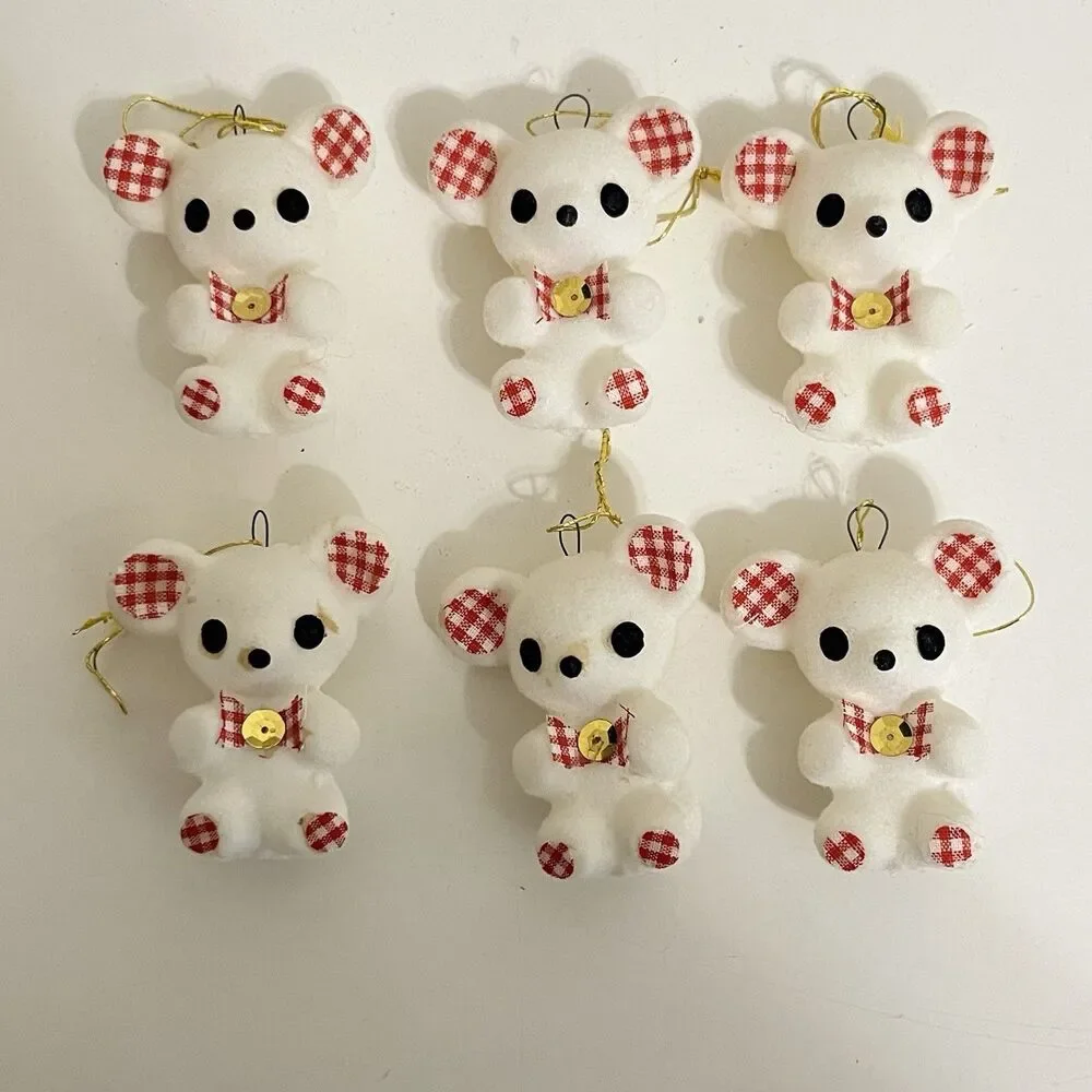 Vintage White Flocked Christmas Ornamants Japan Red Gingham Bear Mouse Elephant